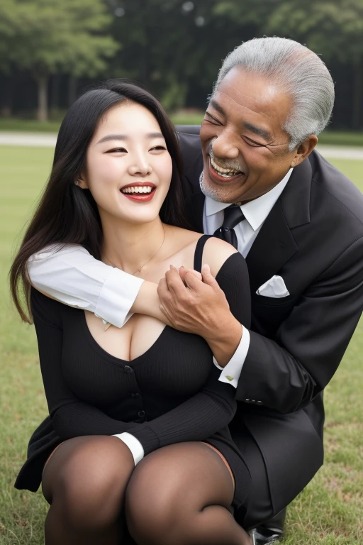 70 years old korean man and 20 years old korean girl couple, {A korean girl squatting on the ground, strikingly beautiful, delicate facial features, porcelain skin, expressive eyes, red lips, big breasts, perfect anatomy、20 years old、look at the camera、medium long hair、Plaid vest、((sit on the grass and eat lunch:1.0))、(super realistic pantyhose:1.2), (high heels)}、from front, (70 years old korean man business suit), (((((70 years old black man hugging on young girls's chest and laughing))))), 