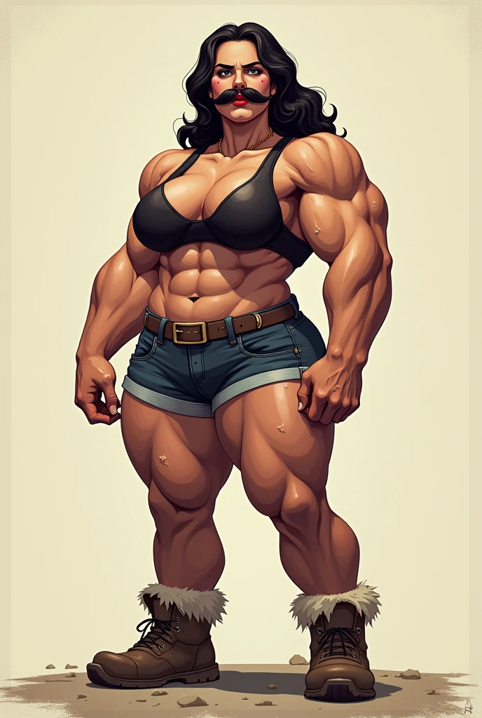 Huge muscle woman with a mustache and red lipstick