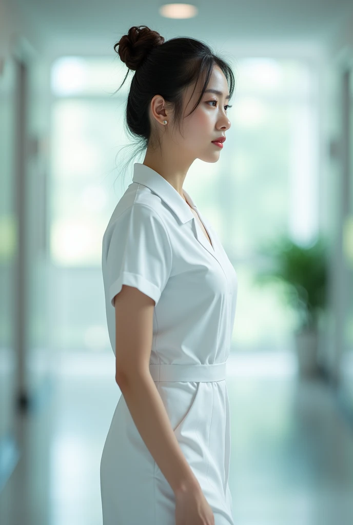 ((masterpiece,Highest quality)), 22-year-old girl, Asian Face, Ultra-realistic skin texture, Proportionate Body, Large Breasts, Hair Bun, White nurse uniform, hospital, walk, Bright bokeh background, RAW Photos, Side view photo shot, 