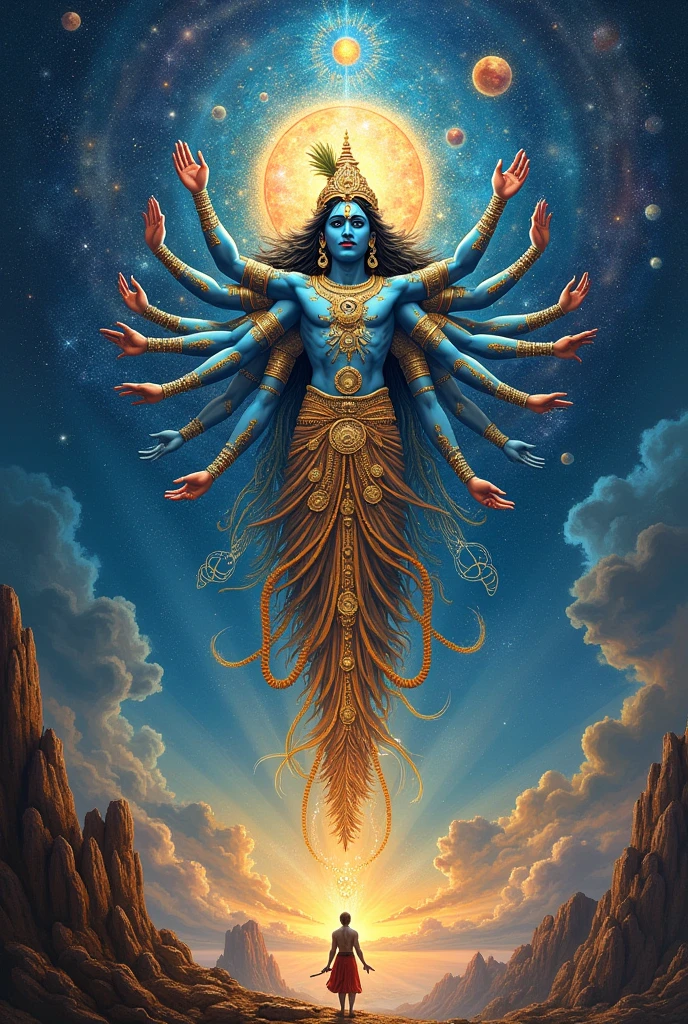 The Vision of Vishwarupa: Visualize Krishna revealing his cosmic form (Vishwarupa) to Arjuna, showcasing a vast, divine, multi-faced and multi-armed form encompassing the entire universe.