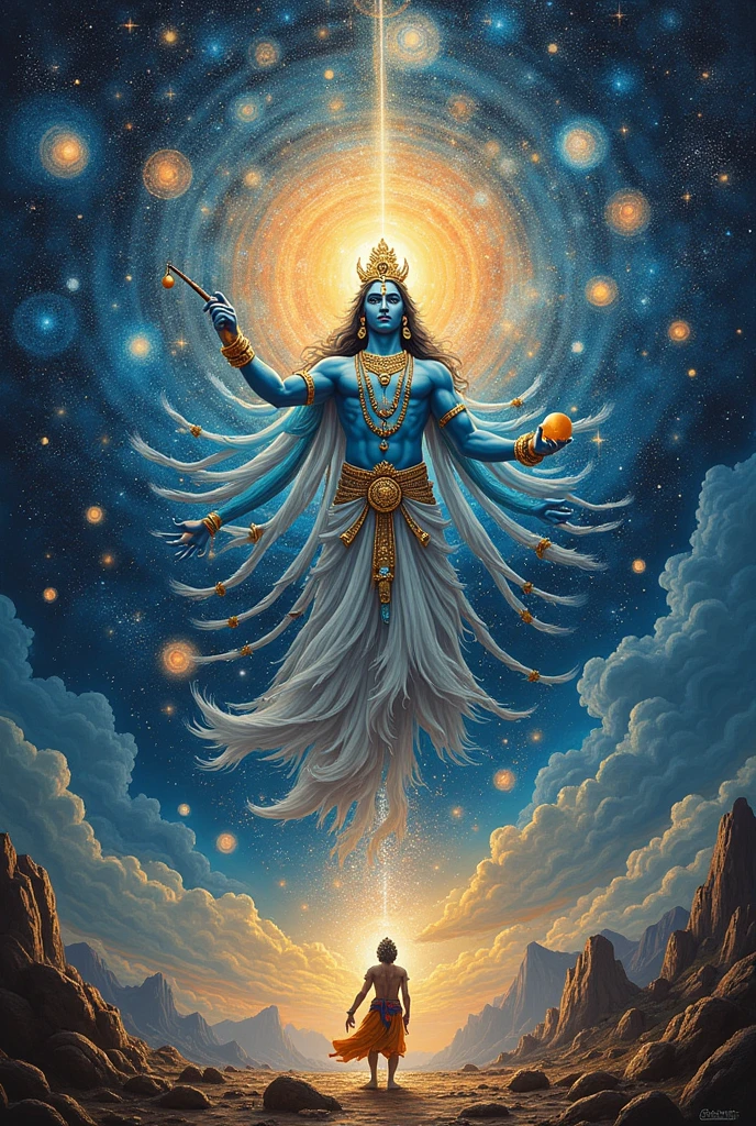 The Vision of Vishwarupa: Visualize Krishna revealing his cosmic form (Vishwarupa) to Arjuna, showcasing a vast, divine, multi-faced and multi-armed form encompassing the entire universe.