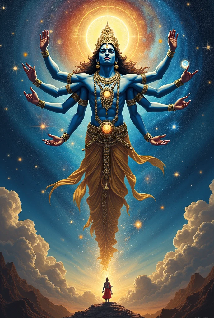The Vision of Vishwarupa: Visualize Krishna revealing his cosmic form (Vishwarupa) to Arjuna, showcasing a vast, divine, multi-faced and multi-armed form encompassing the entire universe.