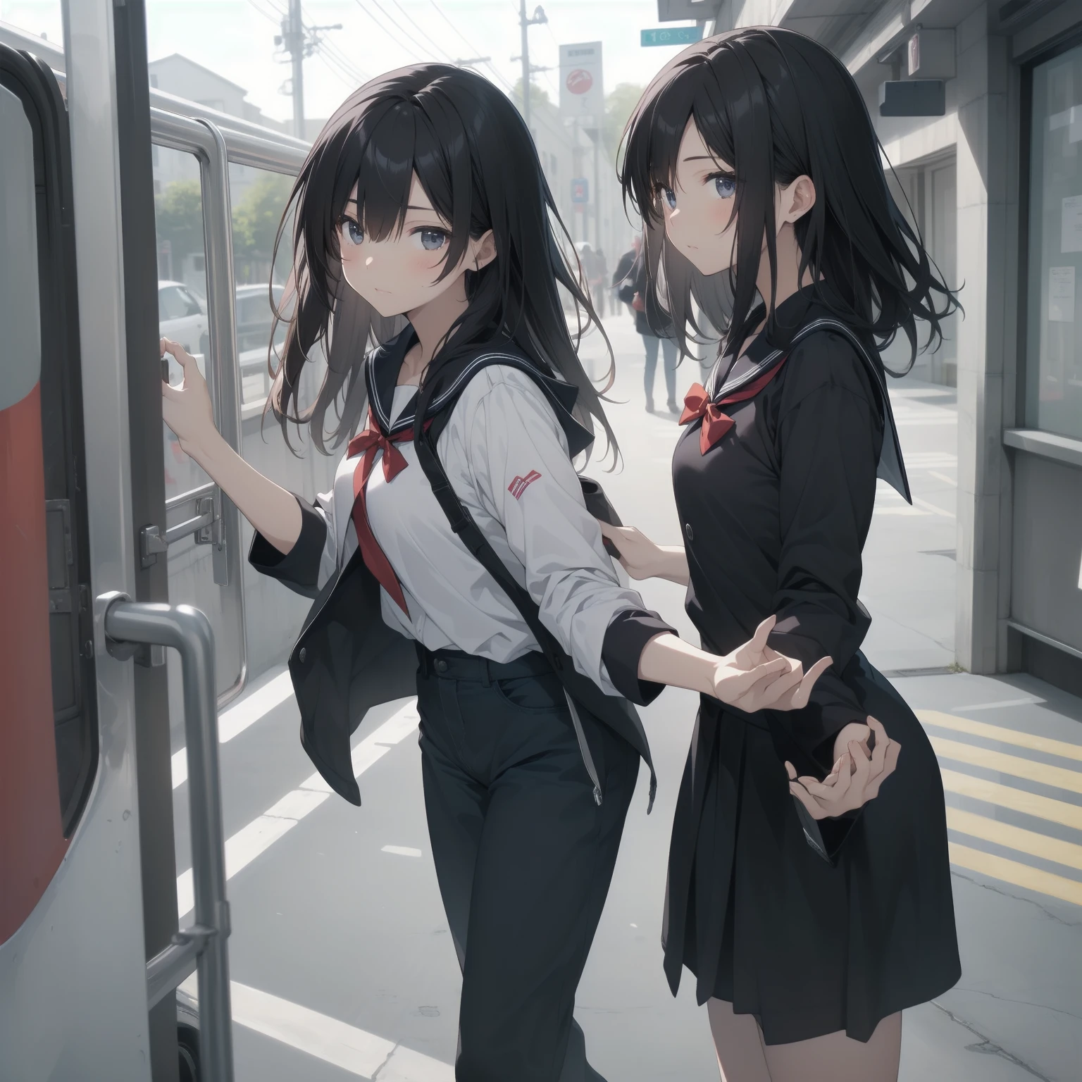 ultra-absurdres-Top quality by artist God, ultra-detailed, high resolution, anime moe artstyle, best anime 8k konachan wallpaper, pixiv contest winner, pool:2810, perfect anatomy,break, 1girl, (Please draw a girl walking sleepily to school alone. )break,(Solo,little female, 16-year-old:1.3),Full limbs, complete fingers,a high school student, large breasts, groin, butt, small black eyes, beautiful detailed eyes, well-proportioned iris and pupils, expressive eyes, highres detailed hair, soft expression, salor school_uniform, sailor collar, serahuku, bow, pleated skirt,(Detailed Lighting), (Detailed background), in the School commute route. break,super detailed skin, Best cinematic lighting powered by famous artist, 8k,beauty illustration,photoshop_(medium),very aesthetic,break,((artist:izumi_tsubasu )), artist:clamp ,artist:carnelian ,artist:kantoku ,