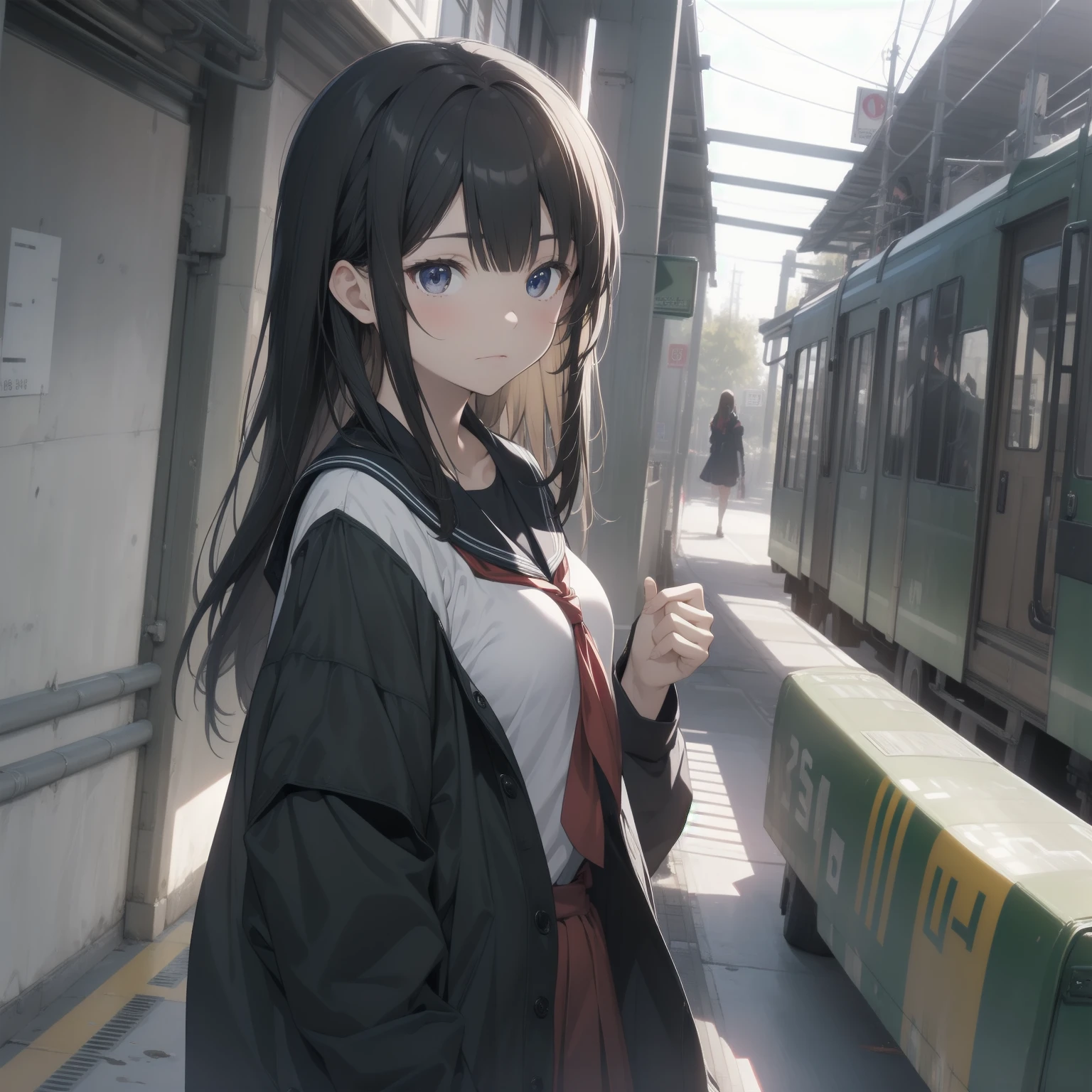 ultra-absurdres-Top quality by artist God, ultra-detailed, high resolution, anime moe artstyle, best anime 8k konachan wallpaper, pixiv contest winner, pool:2810, perfect anatomy,break, 1girl, (Please draw a girl walking sleepily to school alone. )break,(Solo,little female, 16-year-old:1.3),Full limbs, complete fingers,a high school student, large breasts, groin, butt, small black eyes, beautiful detailed eyes, well-proportioned iris and pupils, expressive eyes, highres detailed hair, soft expression, salor school_uniform, sailor collar, serahuku, bow, pleated skirt,(Detailed Lighting), (Detailed background), in the School commute route. break,super detailed skin, Best cinematic lighting powered by famous artist, 8k,beauty illustration,photoshop_(medium),very aesthetic,break,((artist:izumi_tsubasu )), artist:clamp ,artist:carnelian ,artist:kantoku ,
