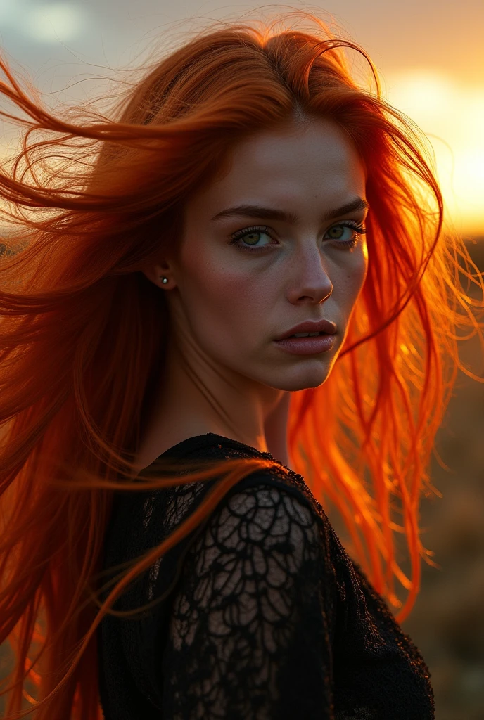 there is a woman with long red hair standing on the street, redhead girl, redhead woman, beautiful redhead woman, infp young woman, long ginger hair, a redheaded young woman, long ginger hair windy, red haired young woman, wild ginger hair, flowing ginger hair, she has long redorange hair, photo of a beautiful woman, red hair girl