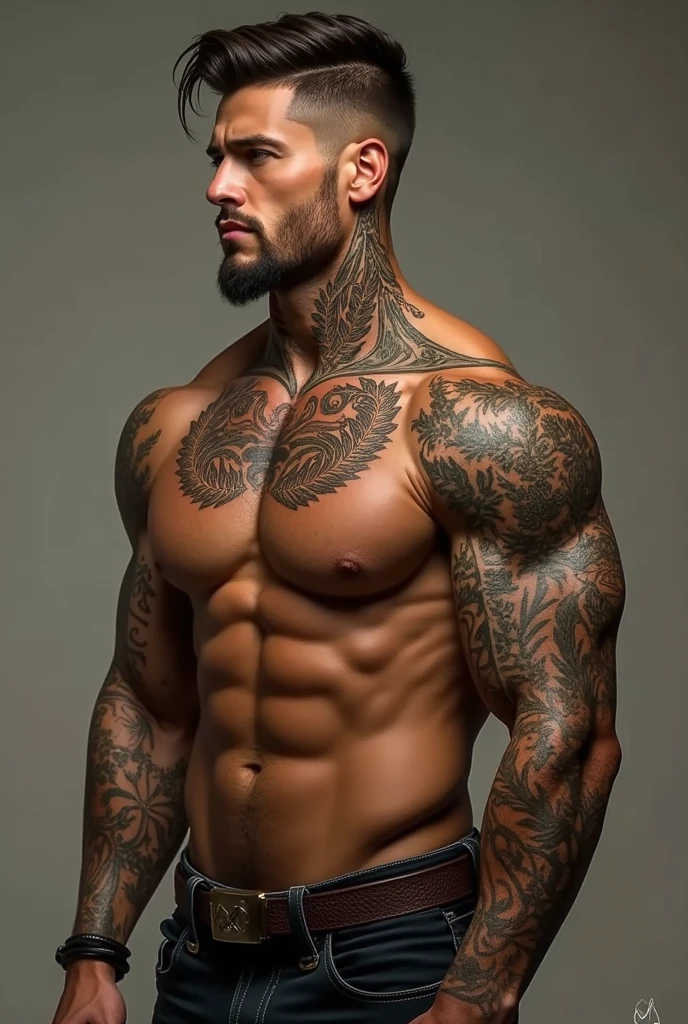 a man with an athletic build, with a laurel leaf tattoo intertwined with the neck, and a tattoo on his back in a straight line towards the spine, fill his left arm with tattoos as well, the skin color should be brown and all tattoos black