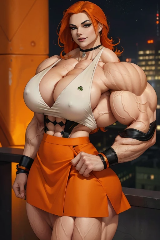 (((Close-up))), tall, (orange hair) beautiful muscular woman, long shaggy hair, pale white skinned, closed smile, large breast, (black lipstick), (massive muscles), (hyper muscle), (ginormous bulky muscles), green eyes, (((orange skirt suit))), orange bracelets, choker, high heels, on the rooftop at night,