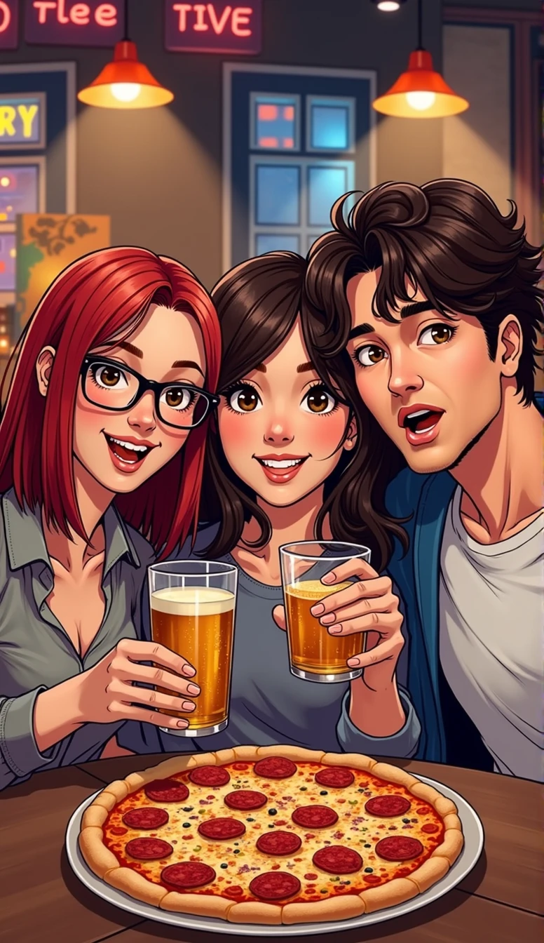 A group of three European friends is sitting in a bar and taking selfies, each with a glass of alcohol in their hands, and pizza on the table. First friend: a girl with straight red hair below the shoulders, brown eyes and round glasses. The second friend is a brunette girl with slightly curly hair below the shoulders and brown eyes without glasses. The third friend: a guy with a dark brown bob and brown eyes. Manga Style