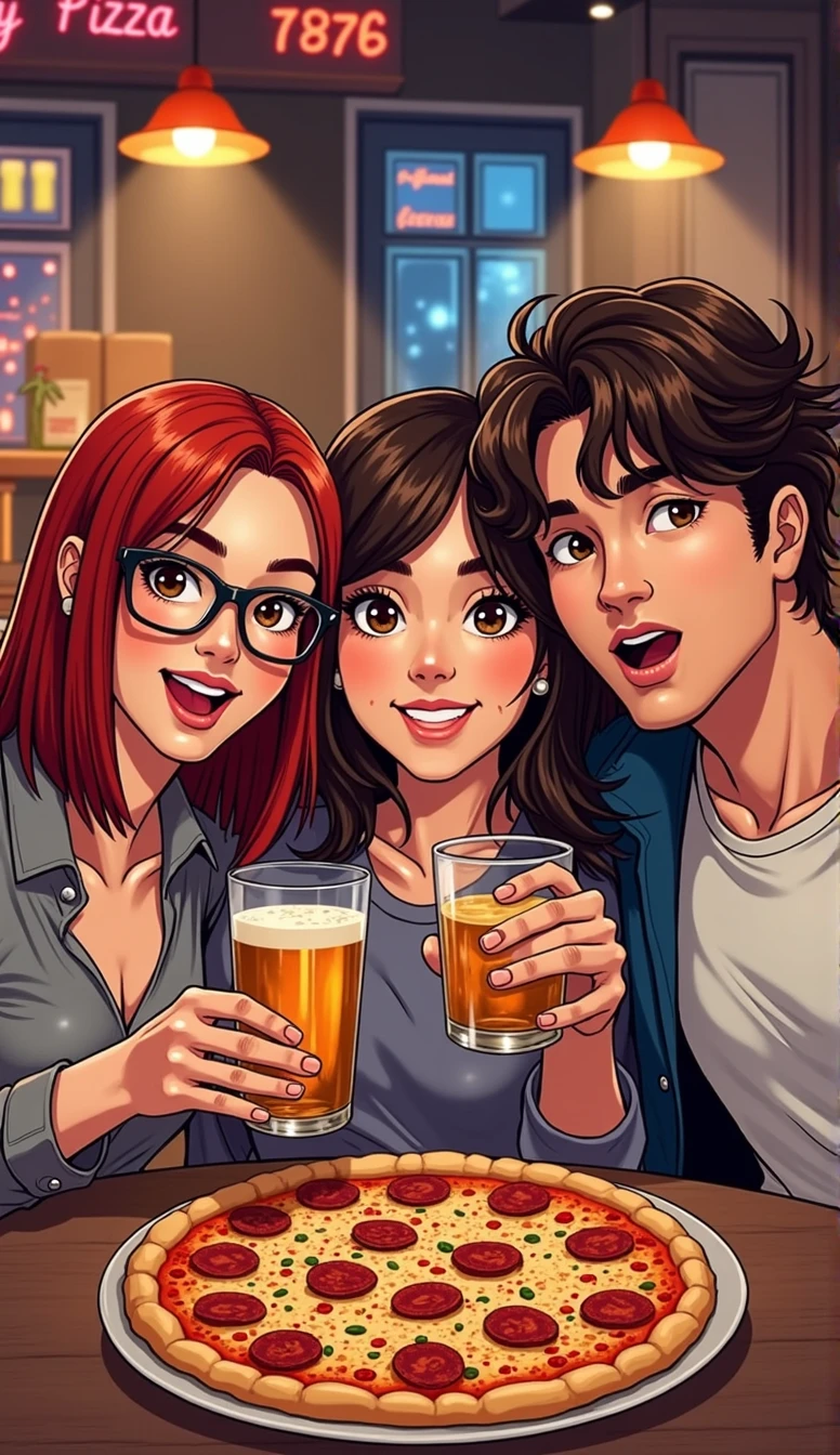 A group of three European friends is sitting in a bar and taking selfies, each with a glass of alcohol in their hands, and pizza on the table. First friend: a girl with straight red hair below the shoulders, brown eyes and round glasses. The second friend is a brunette girl with slightly curly hair below the shoulders and brown eyes without glasses. The third friend: a guy with a dark brown bob and brown eyes. Manga Style