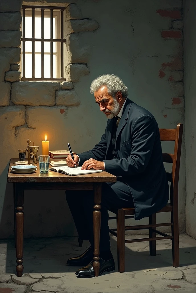 Create an illustration of Antonio Gramsci sitting in a prison cell. He is concentrated, writing with a pen in a notebook or sheets of paper on a small wooden table. It's simple and austere, with stone or brick walls and a small barred window. Add details like a candle or a small lamp, perhaps piles of books and papers around. Gramsci should be dressed in simple and modest clothes, and his expression should reflect determination and reflection. Include additional elements like a glass of water or a simple plate to reinforce the prison setting.
