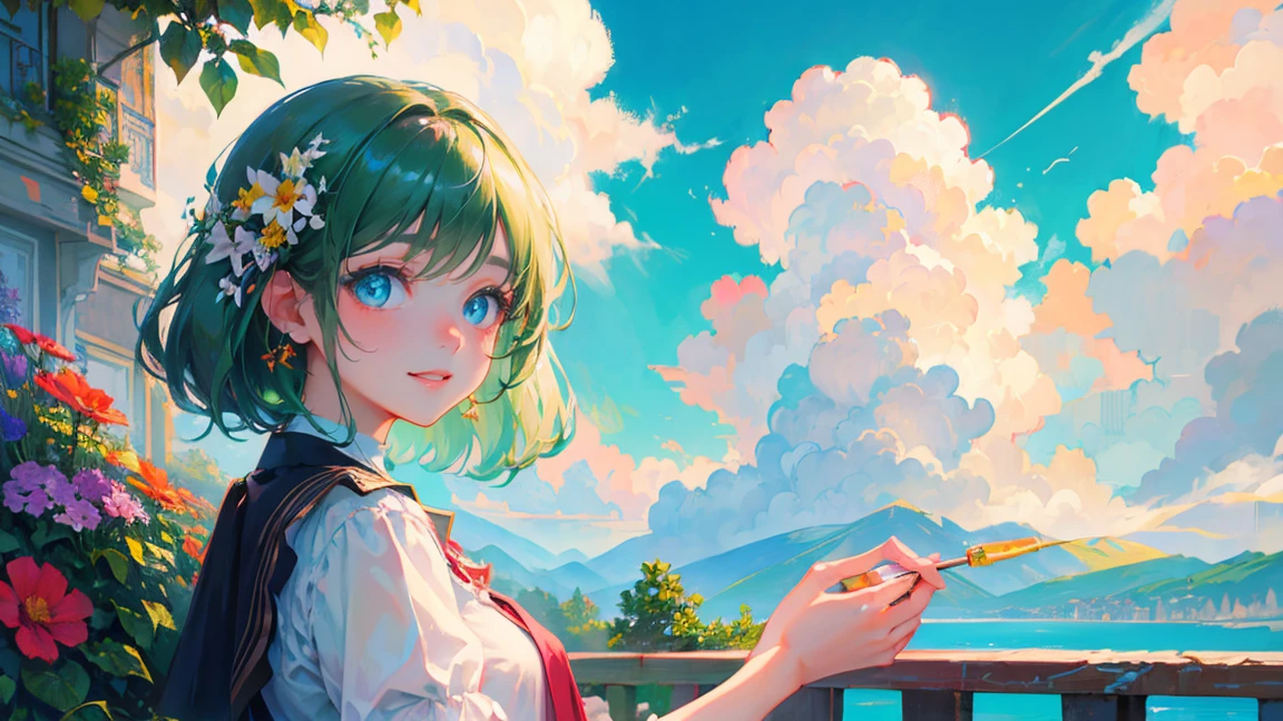 MKSKS, masterpiece, Highest quality, figure, close, Frank, Face focus, smile, colorful, Flowers, green sky, Cloud sky, Girl with beautiful eyes,