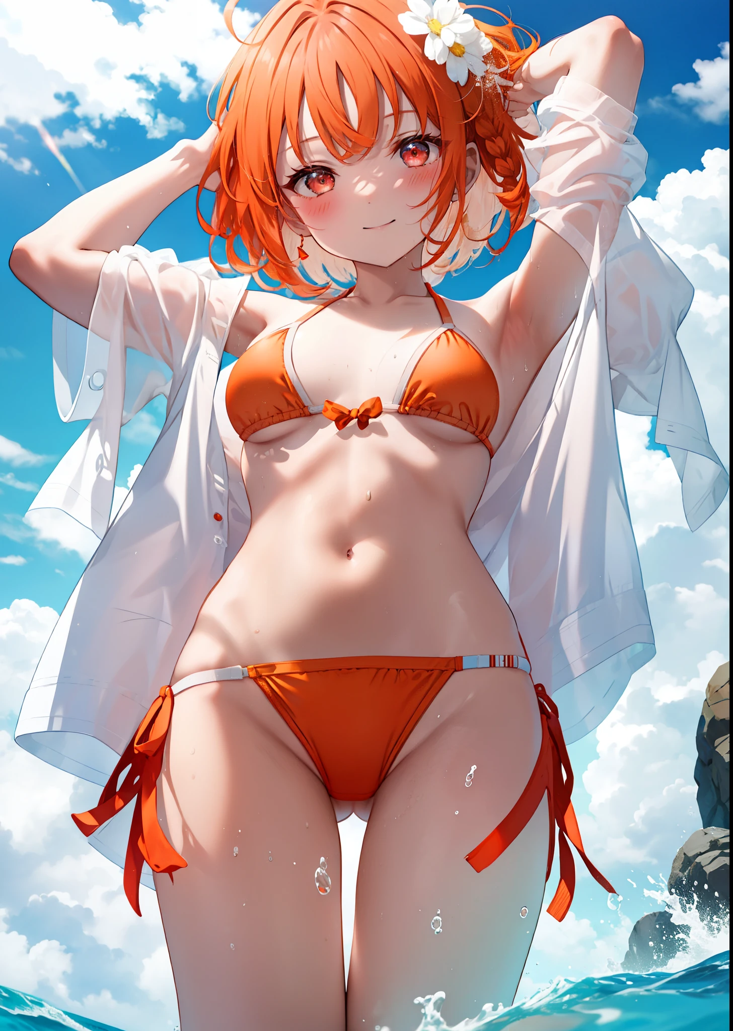 高Ocean千毛,Orange Hair,Red eyes,smile,blush,Open your mouth,Short Hair,Braid,Ahoge,,Red-orange bikini swimsuit,barefoot,Water Play,Wet swimsuit,Wet Hair,Wet Skin,True Summer,Clear skies,Daytime,whole bodyがイラストに入るように, break outdoors, Ocean,, break looking at viewer, whole body, (Cowboy Shot:1. 5) break (masterpiece:1.2), Highest quality, High resolution, unity 8k wallpaper, (shape:0.8), (Beautiful attention to detail:1.6), Highly detailed face, Perfect lighting, Highly detailed CG, (Perfect hands, Perfect Anatomy),