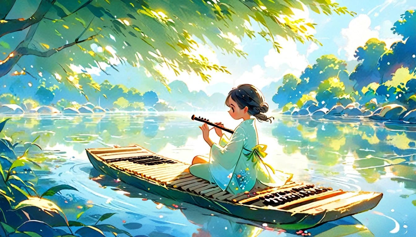 ((masterpiece))), (((best quality))), ((super detailed)), (highly detailed computer illustration), ((extremely delicate and beautiful)),  long raft with,
1girl, tree, solo, water, instrument, sitting, outdoors, black hair, chinese clothes, dress, white dress, hair bun, reflection, sky, scenery, holding, playing instrument, short hair, flute, ripples, branch, day,
(Real waterRealistic waterflowing water:1.0)ripples
