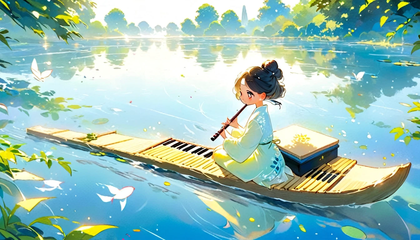 ((masterpiece))), (((best quality))), ((super detailed)), (highly detailed computer illustration), ((extremely delicate and beautiful)),  long raft with,
1girl, tree, solo, water, instrument, sitting, outdoors, black hair, chinese clothes, dress, white dress, hair bun, reflection, sky, scenery, holding, playing instrument, short hair, flute, ripples, branch, day,
(Real waterRealistic waterflowing water:1.0)ripples

