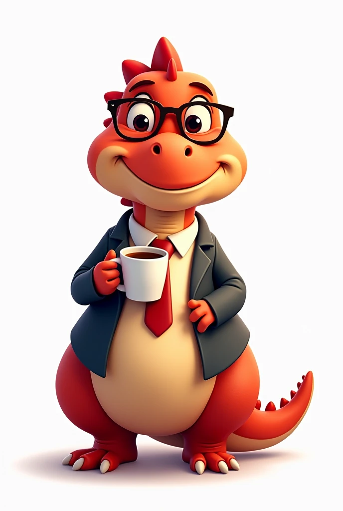 Red animated dinosaur, chubby, tender, happy with formal clothes, With glasses, drinking coffee in a white background 