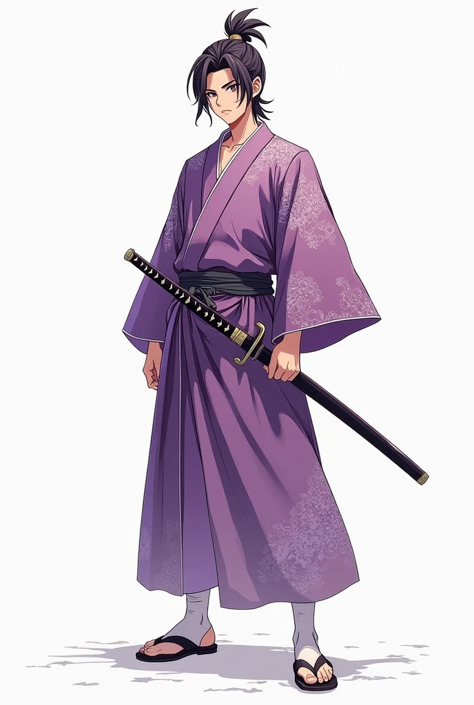 (illustrator) sketsa anime, samurai, kimono, blurple + white, front position, full body, boy, age 18