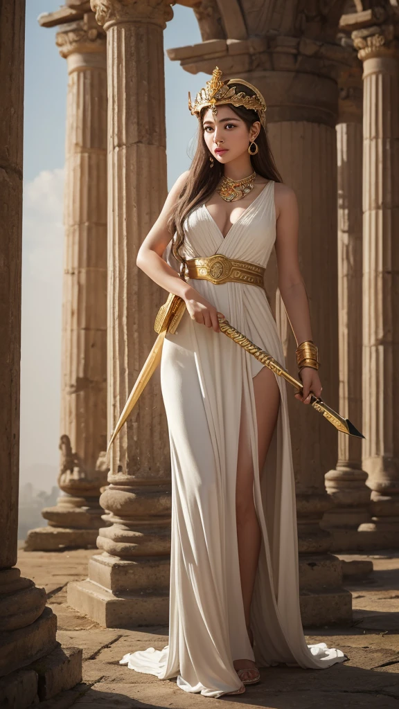 Create a highly detailed and realistic image of the Greek goddess Athena standing amidst ancient ruins. She is dressed in flowing, elegant white robes, with a golden trim, and holds a shield emblazoned with the face of Medusa in one hand. In her other hand, she wields a long spear with a golden tip. Athena's expression is calm and resolute, and she wears a golden helmet adorned with a red plume. A wise owl flies near her, symbolizing wisdom, and the background features the remnants of an ancient temple, with columns and stone debris, bathed in soft, ethereal light. The overall atmosphere is serene and powerful, with a subtle mist enveloping the scene, adding a mystical quality to the image, face closeup