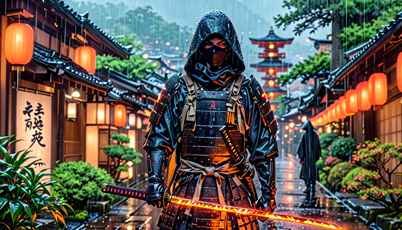 (work of art), (best qualityer), (hires), 1 man and 1 dragon on the side, male focus, standing alone, standing alone focus, A man in a dark combat suit, covering your entire body, with a hood and a black mask that covers him up to his nose and he has a Japanese katana in his hands, Kyoto background, rainy atmosphere, cyber enhancements, brown dark eyes, cowboy shot, complete fingers, black gloves, matching boots.