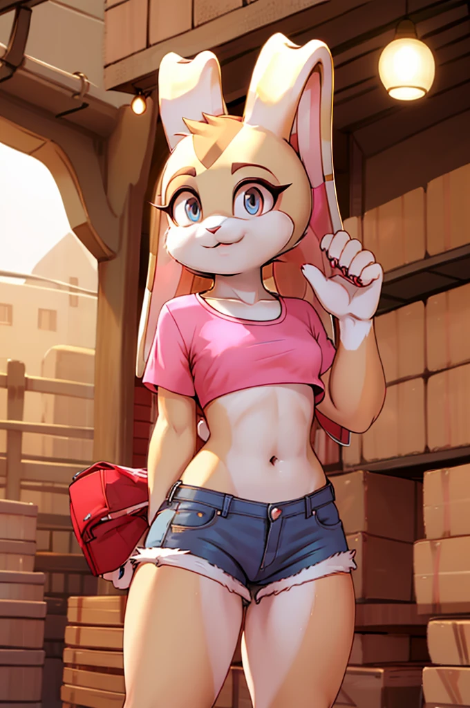 (masterpiece), ((perfect anatomy)), (high Res), (4k), ((((cream the rabbit)))), rabbit, ((blue eyes)), blonde hair, flat chest, wide hips, (((pink top))), (((skin tight jean mini shorts))), happy, (anime artstyle), (((solo))), narrow waist