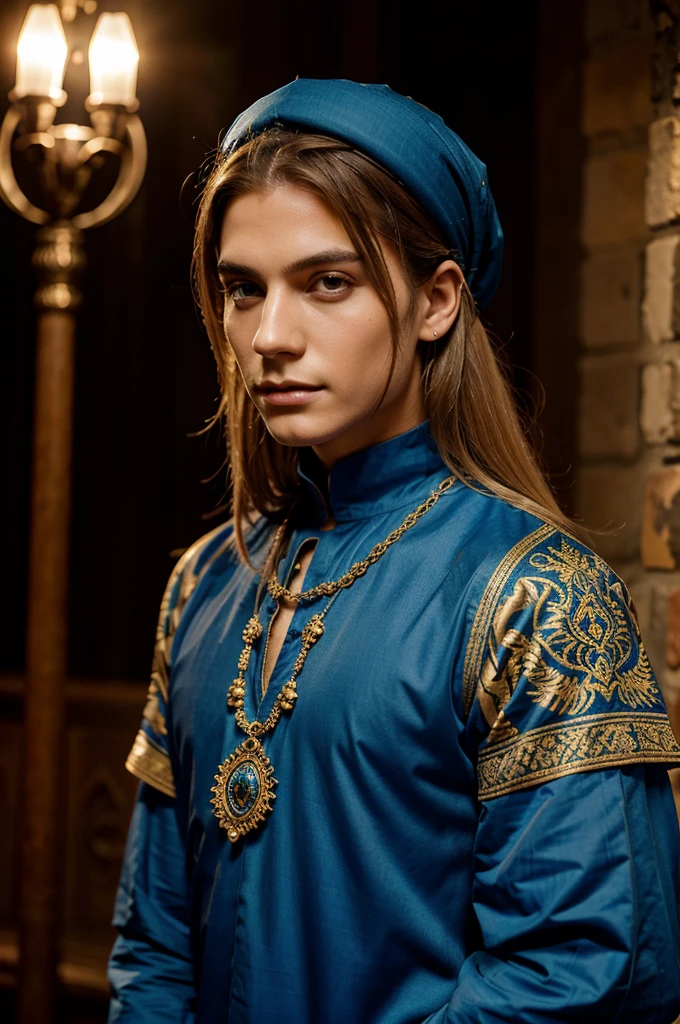 medieval man, Arabic clothing, blue clothing, blond hair, uneven haircut, long hair, tattoos all over the body, rich clothing, detailed clothing, royal clothing, brown eyes, moles on the face, bright lighting, prince