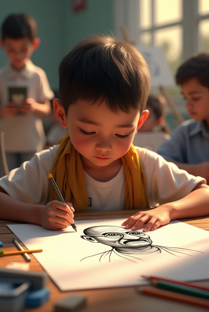 A boy drawing gandhis picture in a drawing competition