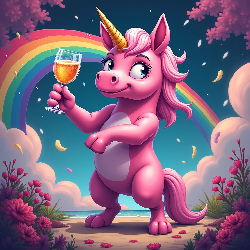 I need an image of a drunk pink unicorn holding a glass and tearing a rainbow with sharp lines, colorful drawing
