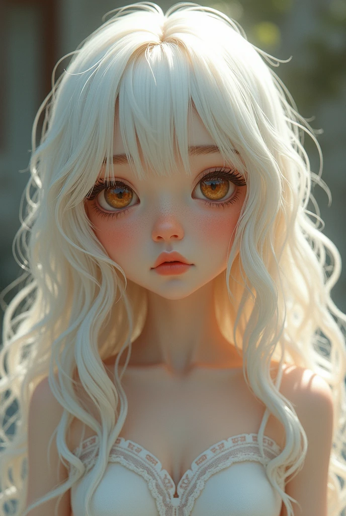 semi realistic, Young woman, porcelain white and soft skin, long wavy ash blonde hair with a lock of white hair, big round honey-colored eyes, small nose, thick lips, round cheeks, short and chubby body, no slim or skinny, chubby.