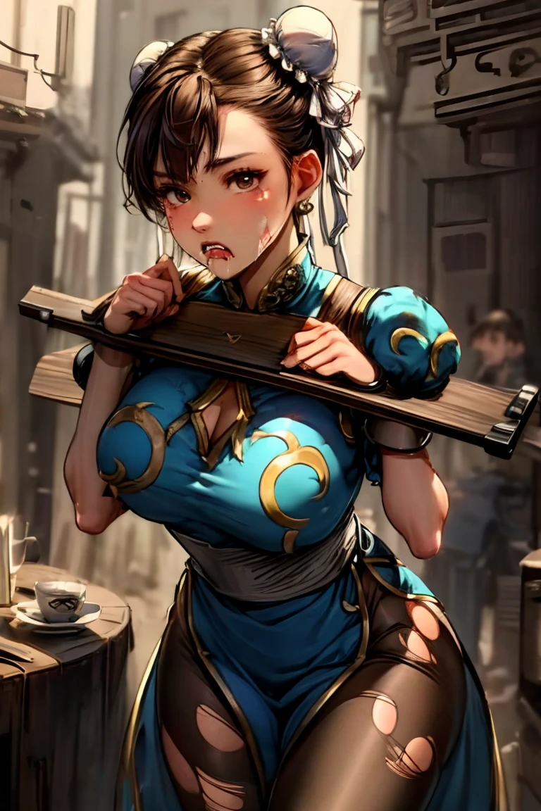 alone, masterpiece, Highest quality, Very detailed, 8k, Browsing Caution, Goa, Violence, surface scattering, (Pillory:1.4),Leaning forward, break, Chunli, To SF2, Hair Bun, Pan with lid, China dress, Chai Pao, Blue clothes, Puff sleeves, Brown pantyhose, White Belt, (Torn:1.4),Drooling, Cinema Lighting, Helpless, Grit your teeth,