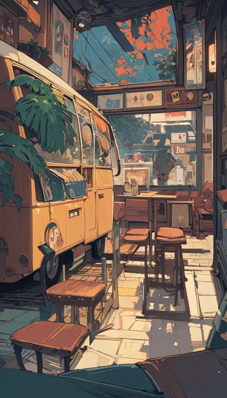 ((Tilt-Shift Photography)), ((Japanese cartoons:1.4,illustration)),(masterpiece, Top quality, best quality),(Extremely detailed, Absolute resolution),((16K, high resolution)), (((A coffee shop inside a bus))), ((Japanese cartoons:1.4,illustration)),(masterpiece, Top quality, best quality),(Extremely detailed, Absolute resolution),((16K, high resolution)). rest {lofi style, Laurie Greesley's Style, Makoto Shinkai's style, Japanese cartoons aesthetic}, rest { (Generates images containing over 40 million pixels of information,With the cinematic detail and texture of a Sony DSLR camera).}