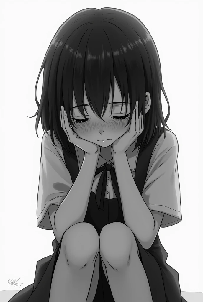 Create an anime image where there is a girl covering her eyes and crying
Now like this, but put it in black and white and have the girl facing down
Now create it without copyright 