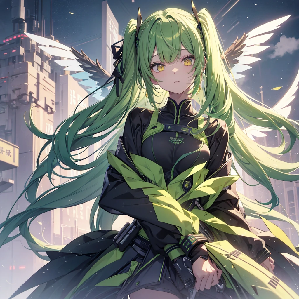 傑Pastel green long twin tails, Yellow Eyes, Long Bangs, Making anime，Highest quality, Highly detailed face，Straight hair, {{{Large mechanical wings spread on both sides.}}}, （pastel colour：1.2，Dark studio，Edge Light，Two-tone lighting，that&#39;dim，base，),Combat cyborg, {{{{{bangs that cover one eye}}}}}, {{{{{Woman illustration}}}}}, 8K quality, Highest quality, masterpiece, Kind woman, Dark atmosphere, Pastel green long twin tails, Yellow Eyes, Long Bangs, A scene from a science fiction movie,Cyborg Woman, A full-body green armor, {{{{{Wearing a pastel green mech suit}}}}}, Sadistic smile, Against a backdrop of an elaborate mechanical city、Details of a ruined future city, Smiling Kindly, 7 Head to Body, Shut your mouth.,Proud face, Detailed Background,Maximum details,Full body illustration, Has a beam weapon, Phantasy Star Online,Narrow eyes,30 years old, In combat,White Long Boots, avert your eyes, White cape from the waist,{{{Asymmetrical hairstyle}}},