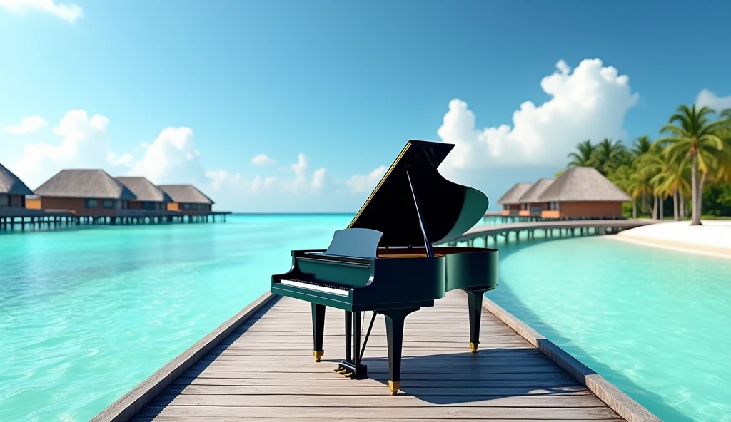 A black grand piano in natural light、Shows a wooden pier leading to thatched roof overwater bungalows。The sky is clear and there are few clouds、The sea is a vibrant turquoise color。This setting is、Interesting for its quiet and picturesque quality、Tropical resort、White sand beach can be seen。White clouds in the sky、white waves