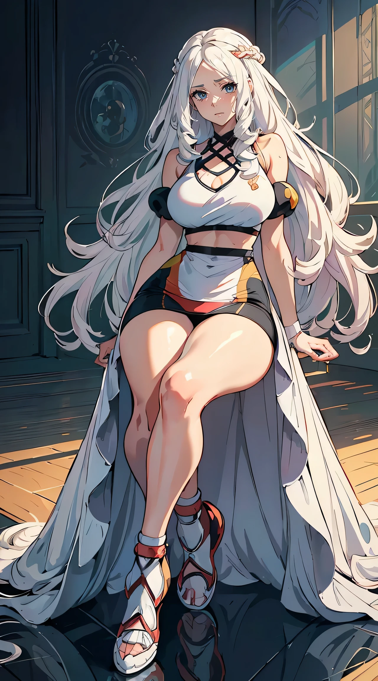 beautiful mature woman,Long wavy White hair,Hiperresolução,Precision,detailed rendering,(Subtle facial image)(Thin hair image)(Maximum quality)(work of arts of masters)(High degree of completeness)(a sense of atmosphere)Masterpiece artwork,Super detailed and super detailed(retrato de meio corpo)((work of art, highest quallity)), face detailed, character design sheet, lesbian full body, full of detail, Various poses and expressions, highy detailed, DeepL, Many parts,comely,extremely pretty,High balance, naturallight, drawn art style, White hair, Curly hair down to the ankles, Ankle-length hair, (((Ankle-length hair))) (((thick hair))) (((Pokémon Trainer)))(((Pokemon Gym Leader))))(((Gym clothes)))(((sport cloth)))