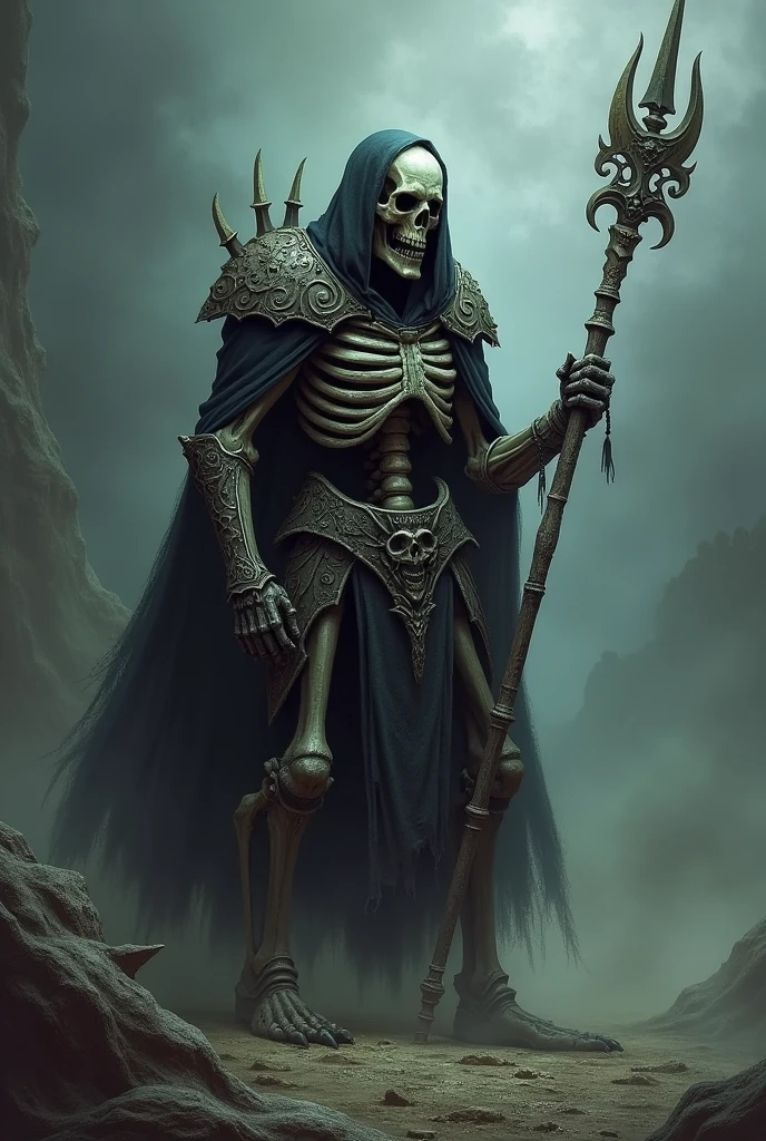 dark skull warrior with a bone spear in hand. show character from head to toe