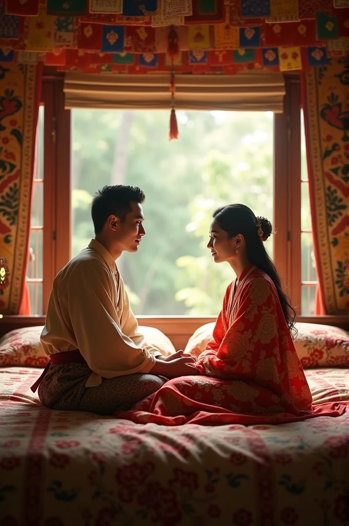Bhutanese couple talking while sitting on bed