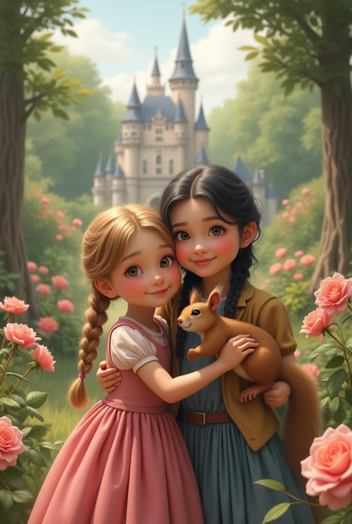 work of art, best qualityer, super rendering, super realistico, Highly detailed face, Clean and delicate face, all-body, hugging her grandmother from the side, stay on the left position, and her grandmother on the right , stray hair, long and blonde simple braid, parted bangs, brow, wearing a pink princess dress, standing, beside her grandmother, the grandmother is standing beside, appearance 60 years old, black hair, full face, wearing dressmaker's clothes,  in the background scenes of a castle far away and and many roses and trees very detailed and artistic, and it's a big squirrel nearby