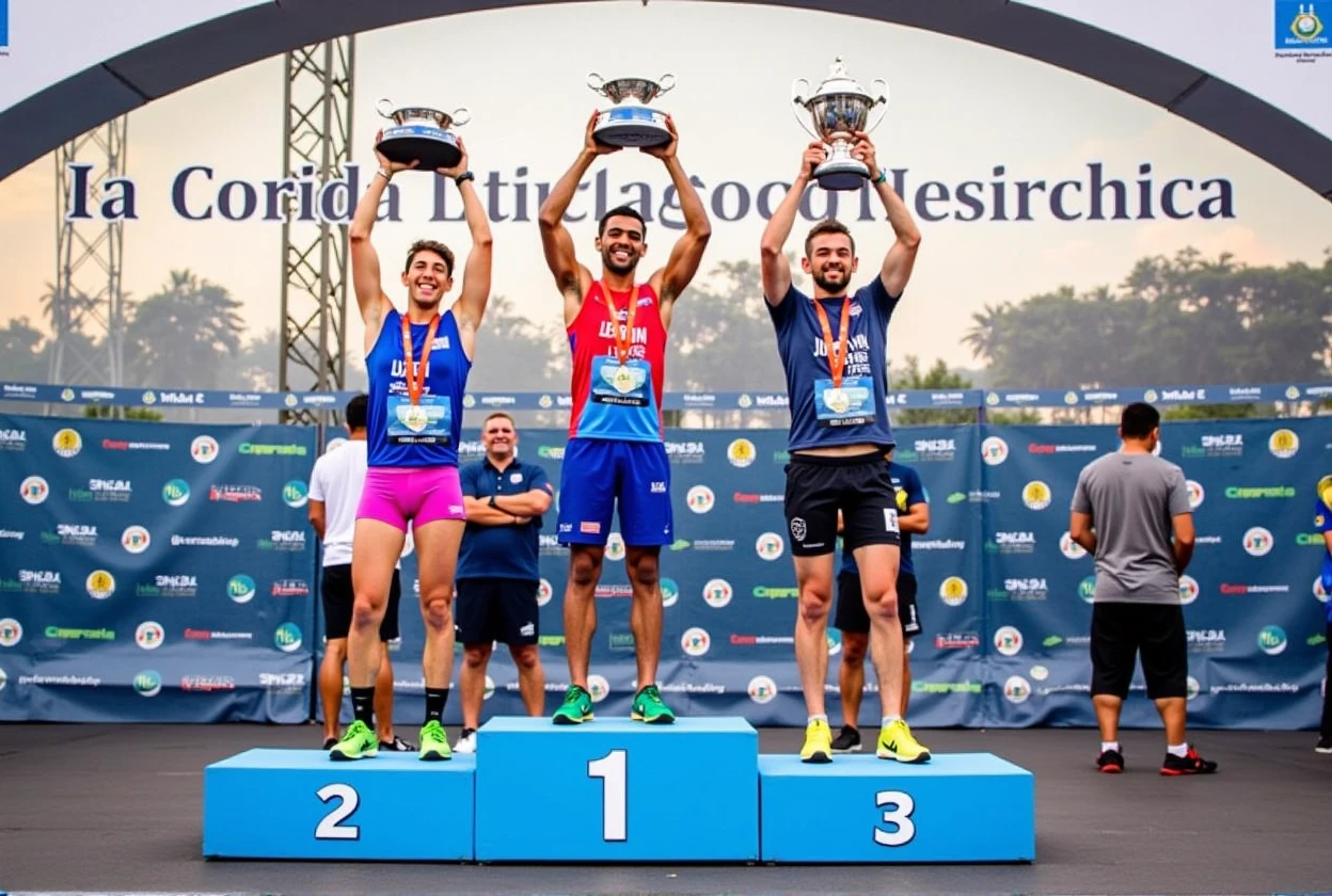 A high-quality photo of three Brazilian athletes standing on a podium during a marathon award ceremony in the daytime. The athletes are wearing colorful athletic gear and medals around their necks, proudly holding trophies above their heads with expressions of joy and accomplishment. The podium is marked with the numbers 1, 2, and 3, indicating their respective positions. The background features a large banner with the text "1ª Corrida Metelurgica" prominently displayed, along with the event’s sponsors. The scene is lively, with spectators and event staff visible, and the overall atmosphere is celebratory and triumphant.