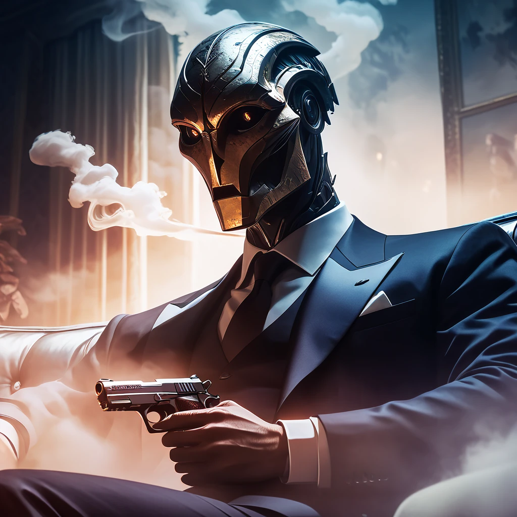 1man, masterpiece, strange head, couch, gun, pistol, smoke, formal clothes, suit, white shirt, gorgeous, no humans, cinematic, dramatic, contrast, night, fog, wallpaper, misteryous,