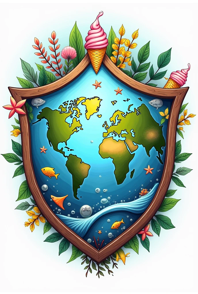 Design a shield that will be my personal brand that includes planet Earth, Marine life, the family, an ice pop and a snow cone. Try to keep the elements inside the shield.