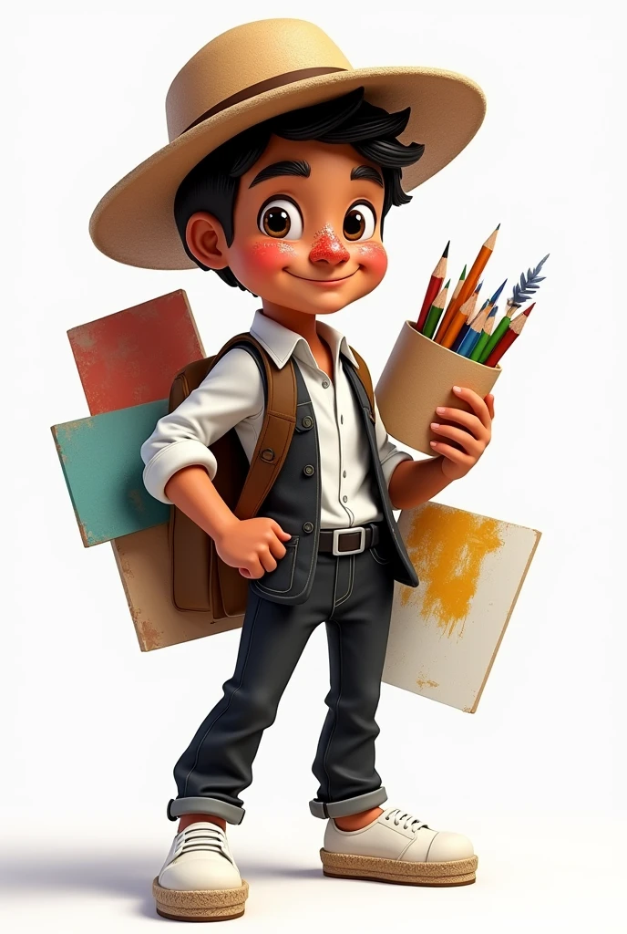 Create an image of a character that represents the institutional image of contemporary art types like legends, friendly, que contenga un rostro friendly, youth, charismatic, his clothing has a white shirt, black wool vest, cloth pants, white cabuya espadrilles, toquilla straw hat, Latin American complexion, middle Ages, short ears, that has elements of an artist, like colored pencils, cardboard, paintings, technological resources for arts; His face must have natural eyes, splattered nose, smiling mouth; the character must be in a dynamic pose in motion, in perspective that shows dynamism and movement in his body.