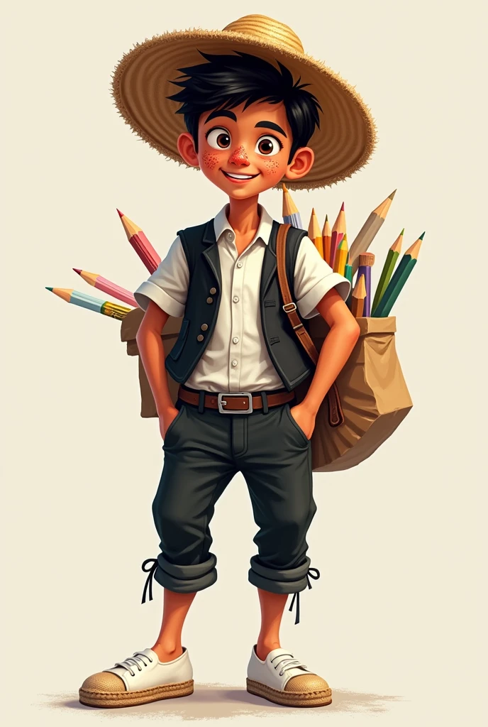 Create an image of a character that represents the institutional image of contemporary art types like legends, friendly, que contenga un rostro friendly, youth, charismatic, his clothing has a white shirt, black wool vest, cloth pants, white cabuya espadrilles, toquilla straw hat, Latin American complexion, middle Ages, short ears, that has elements of an artist, like colored pencils, cardboard, paintings, technological resources for arts; His face must have natural eyes, splattered nose, smiling mouth; the character must be in a dynamic pose in motion, in perspective that shows dynamism and movement in his body. 