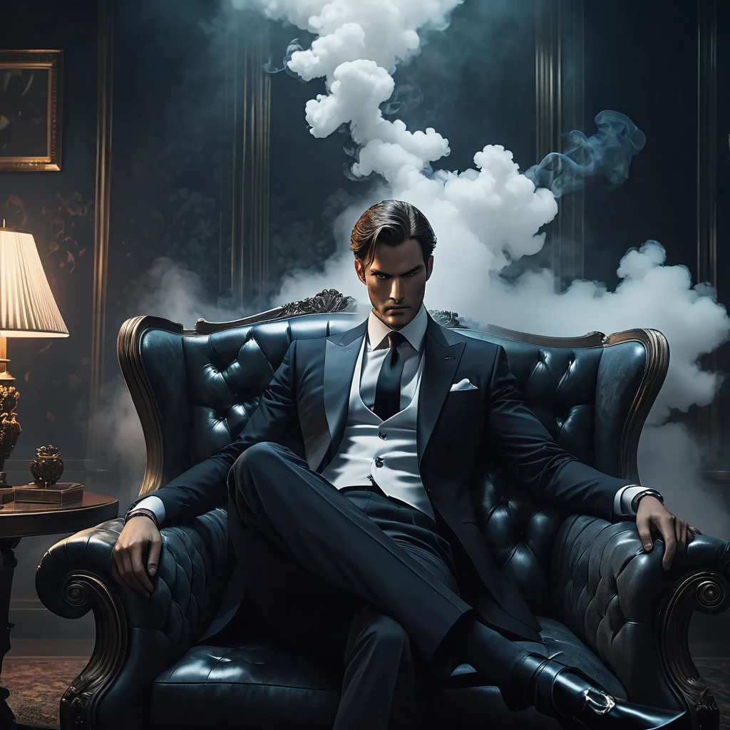 1man, masterpiece, strange head, couch, gun, pistol, smoke, formal clothes, suit, white shirt, gorgeous, no humans, cinematic, dramatic, contrast, night, fog, wallpaper, misteryous,