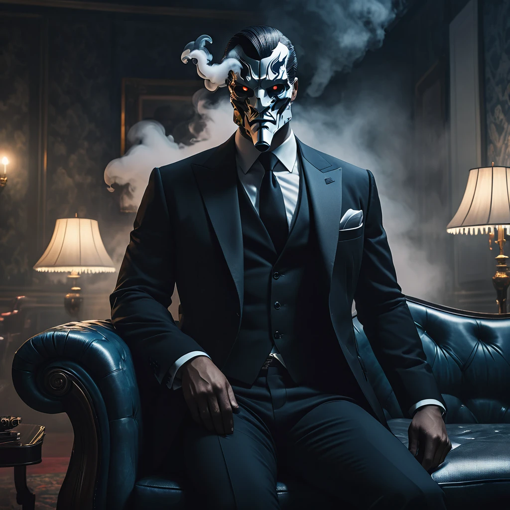 1man, masterpiece, strange head, couch, gun, pistol, smoke, formal clothes, suit, white shirt, gorgeous, no humans, cinematic, dramatic, contrast, night, fog, wallpaper, misteryous,