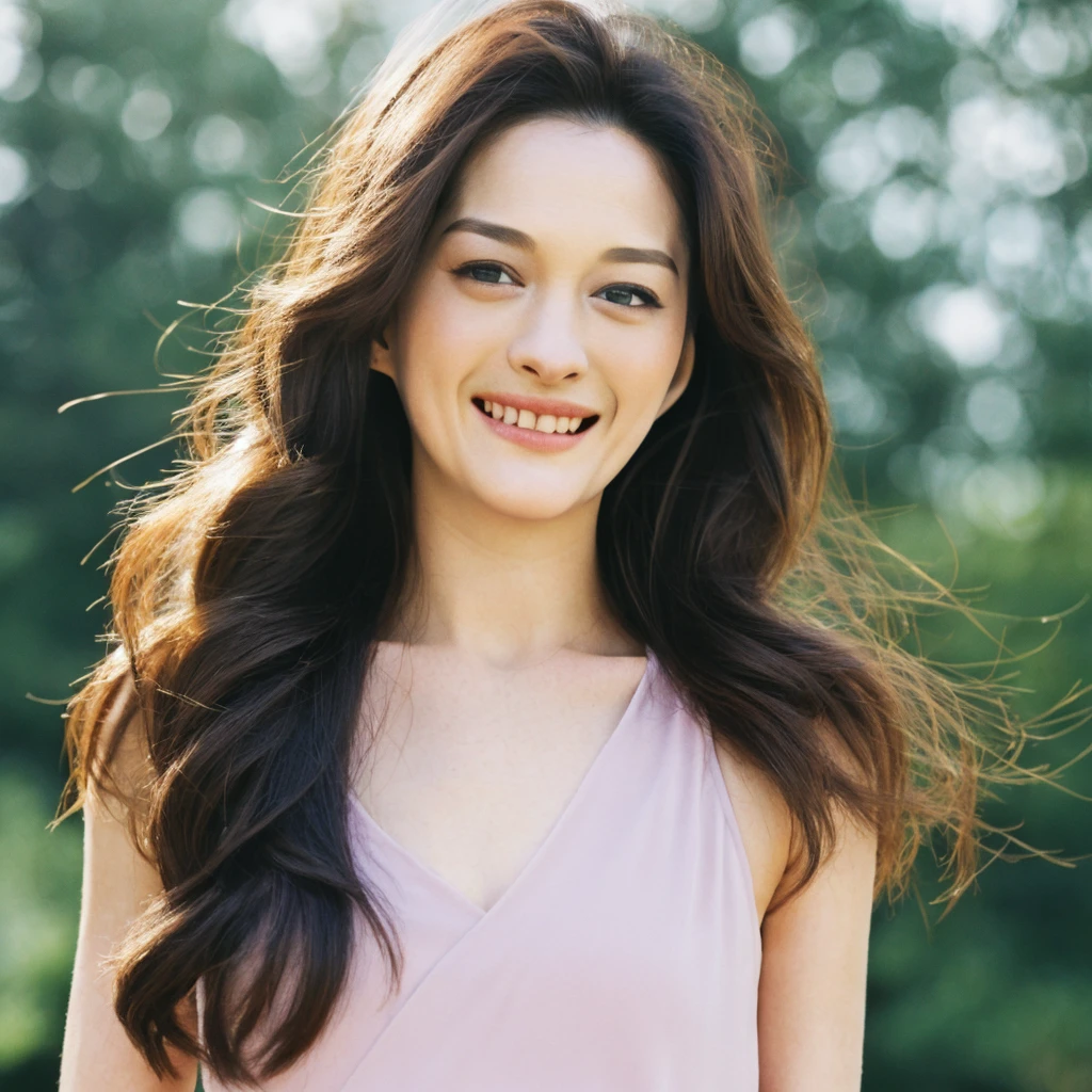 1girl, upper body, Realistic photograph best quality portrait of a beautiful gorgeous young cute Asian woman, 21yo., looking something, detailed face, Realistic texture human skin, very beauty long and slender bright glowing face, droopy hooded eyes, wavy nose, full wide lips, bright smiling, ponytail, wind flowing hair, studio portrait, (((young Marion Cotillard blended face mixed with young Anne Hathaway))), wearing rose gold camisole, hand up to swing up hair, flirting smiling portrayal, ethereal girl, intimate lighting sturdy, real photo, brown eyes, zoomed, best quality, masterpiece, Leica SL3, Summicron-SL 75mm ASPH, F/1.8, (cinematic still:1.2), Film Never Die Kiro 400 film, bokeh, rim lighting, silhouette, shallowed depth of field,