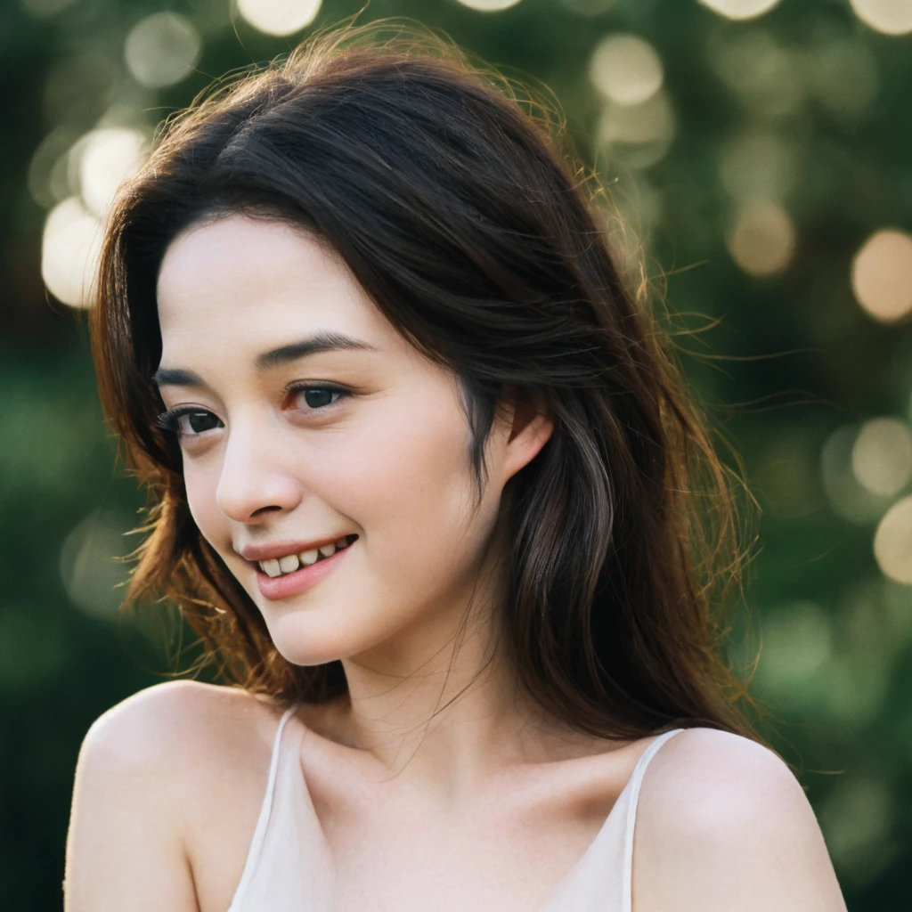 1girl, upper body, Realistic photograph best quality portrait of a beautiful gorgeous young cute Asian woman, 21yo., looking something, detailed face, Realistic texture human skin, very beauty long and slender bright glowing face, droopy hooded eyes, wavy nose, full wide lips, bright smiling, ponytail, wind flowing hair, studio portrait, (((young Marion Cotillard blended face mixed with young Anne Hathaway))), wearing rose gold camisole, hand up to swing up hair, flirting smiling portrayal, ethereal girl, intimate lighting sturdy, real photo, brown eyes, zoomed, best quality, masterpiece, Leica SL3, Summicron-SL 75mm ASPH, F/1.8, (cinematic still:1.2), Film Never Die Kiro 400 film, bokeh, rim lighting, silhouette, shallowed depth of field,