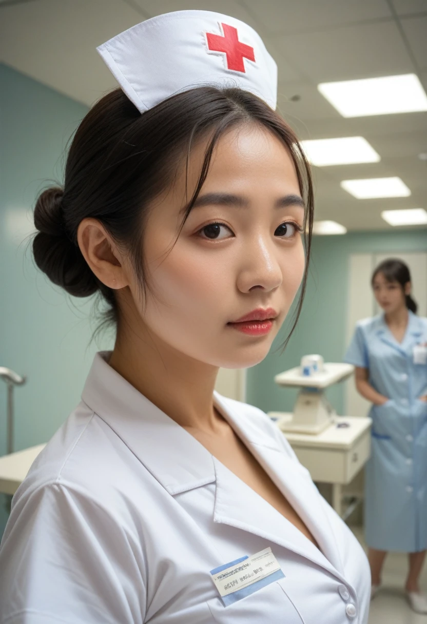((masterpiece,Highest quality)), 22-year-old girl, Asian Face, Ultra-realistic skin texture, Proportionate Body, Large Breasts, Hair Bun, White nurse uniform, hospital, walk, Bright bokeh background, RAW Photos, Side view photo shot,
