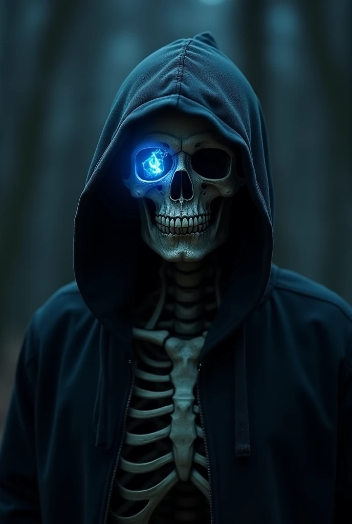(photorealism:1.2), a 30 year old guy whose body is of a skeleton and hes wearing a dark hoodie and one of his skull eyes has a dark blue flame coming out.