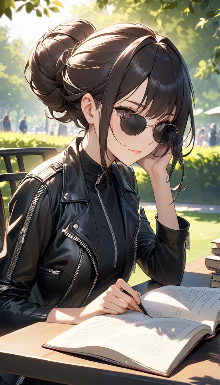 A striking young woman sits at a table in a sunlit park, fully immersed in reading a book. She has long, dark hair elegantly tied up in a bun, with stylish sunglasses perched ((on top her head)). Her hair is accented with a few loose, soft curls that frame her face, adding a delicate touch to her strong features. She wears a sleek black leather jacket with prominent zippers, which complements her modern, edgy style. Her expression is a faint smile and serene to viewer , with a subtle sense of confidence. Her overall look is both chic and approachable, capturing a blend of sophistication and natural beauty