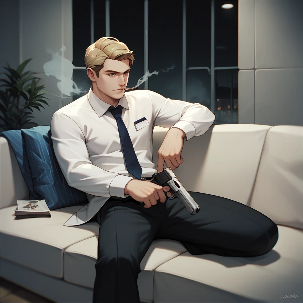 1man, masterpiece, strange head, couch, gun, pistol, smoke, formal clothes, suit, white shirt, gorgeous, no humans, cinematic, dramatic, contrast, night, fog, wallpaper, misteryous,