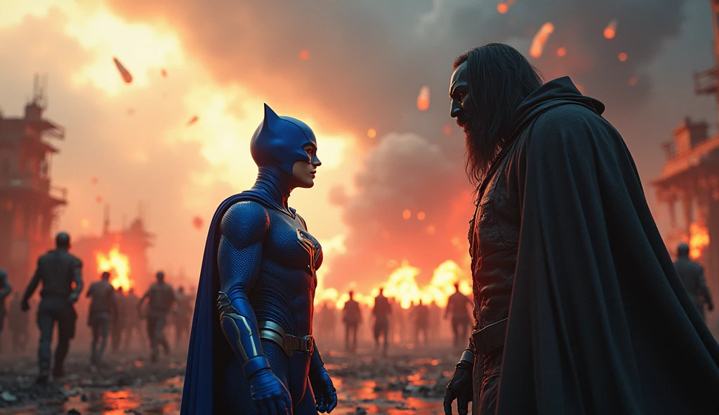 a super-hero in a blue outfit,a black-masked villain,a post-apocalyptic world,zombies,explosions,meteor rain,highly detailed,realistic,cinematic,dramatic lighting,vibrant colors,epic scene,action,intricate details,photorealistic,8k